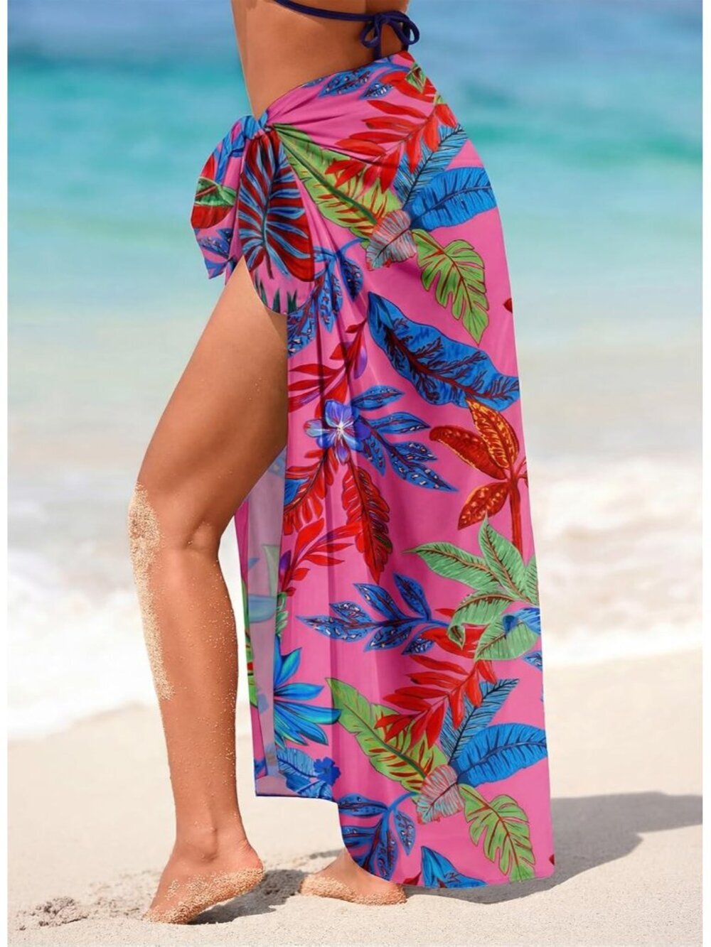 Women's Rose Tropical Leaf Swimsuit High Slit Summer Floral Print Wrap Beach - Picture 2 of 6